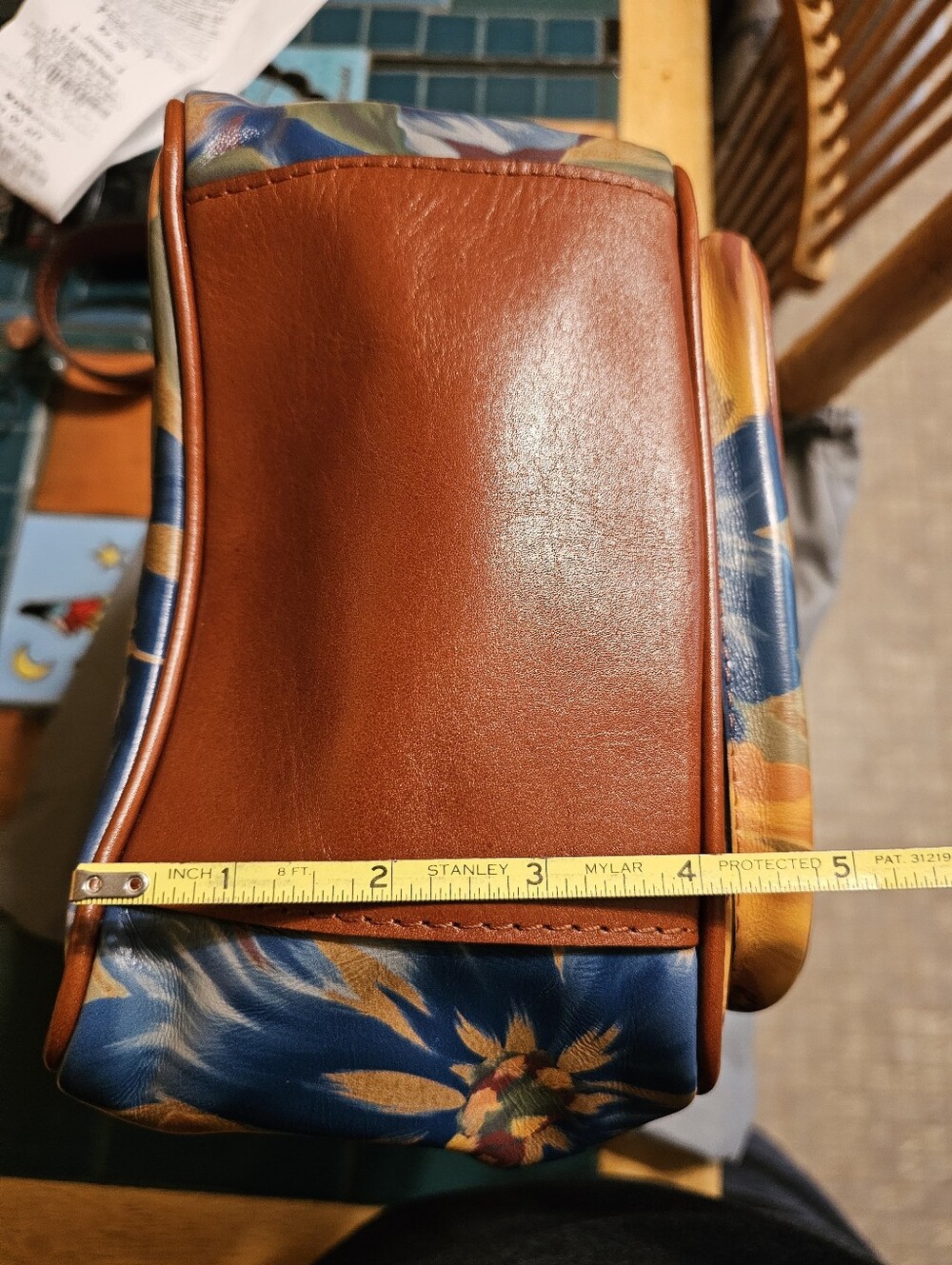 Patricia Nash Blue Floral Canvas Bucket Crossbody with Brown Leather Trim